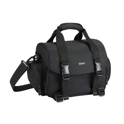 Amazon Basics Borsa a Tracolla per Fotocamere SLR e Accessori, Grande, Cinghia Regolabile, Impermeabile, Antishock, Tinta unita, Imbottito - Nero/Arancione