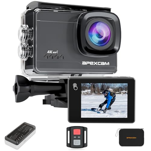 Apexcam M90 Action Cam 4K 60FPS 64MP WiFi EIS Sport Camera Touchscreen Fotocamera Subacquea 40m Impermeabile 8X Zoom 2,4G Telecomando 2x1350 mAh Batterie Set di Accessori