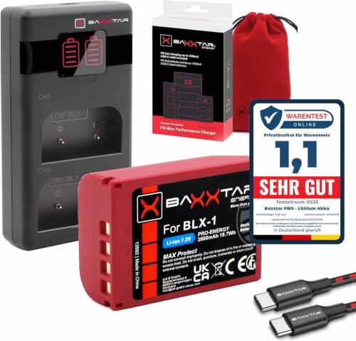 Baxxtar batteria BLX-1 2400 mAh + caricatore USB-C PD – per Olympus/OM