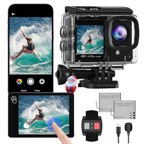 Camlance Action Cam 4K a Doppio Schermo, 48MP WIFI Videocmera,131ft Macchina Fotografica Subacquea, 170° Telecamera Moto con Telecomando, Microfono, 2 Batterie,Accessori Multifunzione.