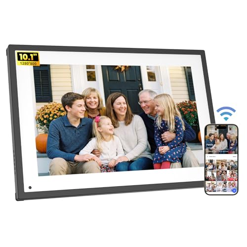 Cornice digitale Wi-Fi da 10,1 pollici, multifunzione, smart cornice, touch screen, HD 1280 x 800 IPS con app, memoria da 32 GB, calendario digitale, bianco