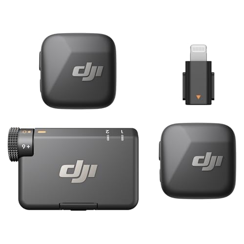 DJI Mic Mini (2 TX + 1 RX + Adattatore Lightning) per iPhone, Android e fotocamera, audio ricco di dettagli, cancellazione del rumore, limitazione automatica, microfono wireless per vlog, streaming
