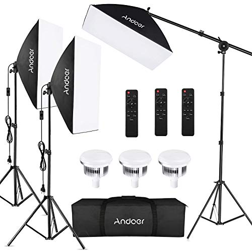 Softbox Andoer, Fotografico Set con Luci Fotografiche, Telecomando, Illuminazione Continua 50x70cm, Lampadine LED Bicolore 85W 2800K-5700K, Stativo 2M, Borsa per Trasporto - 3 Sets