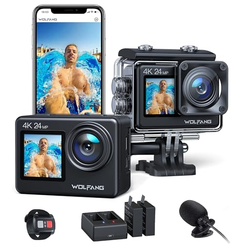 WOLFANG GA200 4K 24MP Dual Screen Wi-Fi Action Camera Sportiva, Fotocamera Subacquea 40M, Grandangolo 170°, Telecomando EIS Migliorato, 2 Batterie, Base di Ricarica, Multi-Accessori