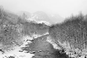 Nebbia, neve e fiume: quieta potenza della valle in bianco e nero