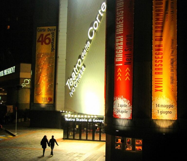 Notturno alla Corte: luce calda, poster e movimento verso il palcoscenico della città