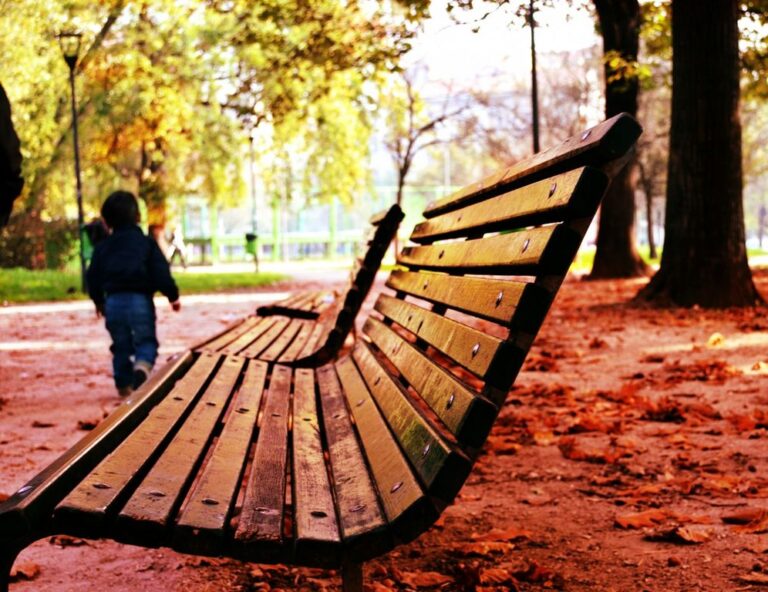 Panchina in primo piano e movimento del bambino: atmosfera autunnale e profondità di campo